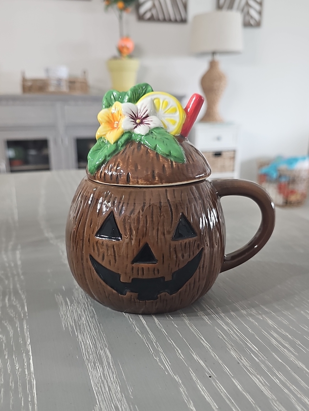 New! Summerween Tiki Bar Coconut Pumpkin Mug with Lid. Tropical Halloween